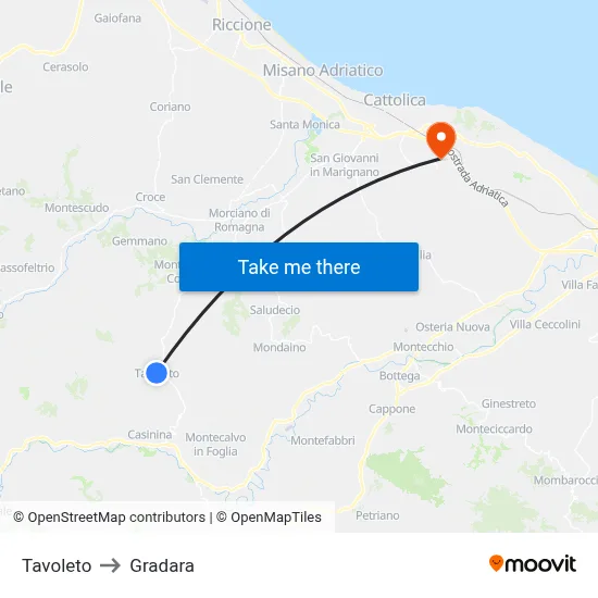 Tavoleto to Gradara map