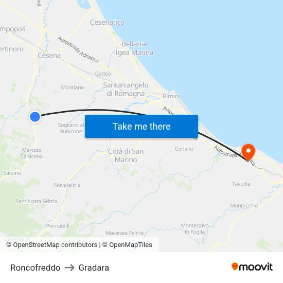 Roncofreddo to Gradara map