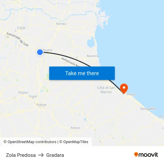 Zola Predosa to Gradara map