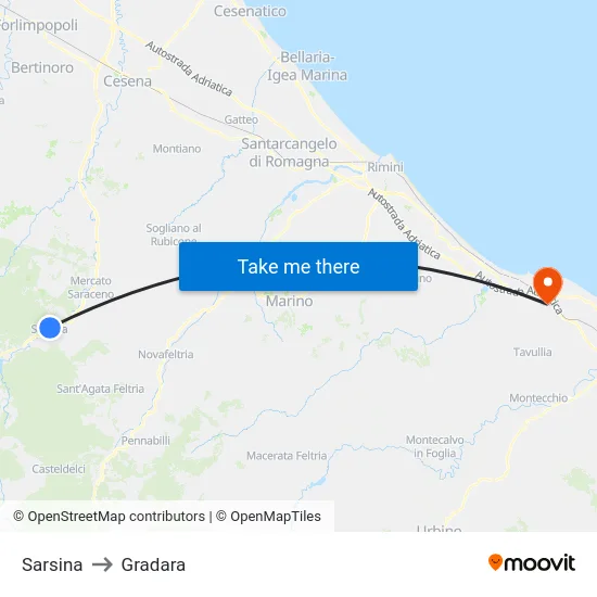 Sarsina to Gradara map