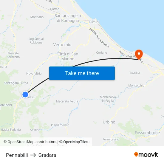 Pennabilli to Gradara map