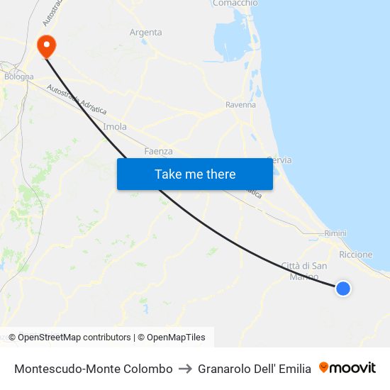 Montescudo-Monte Colombo to Granarolo Dell' Emilia map