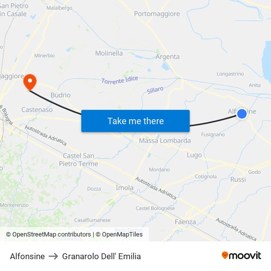Alfonsine to Granarolo Dell' Emilia map