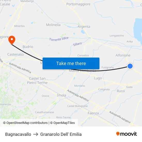 Bagnacavallo to Granarolo Dell' Emilia map