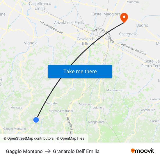 Gaggio Montano to Granarolo Dell' Emilia map