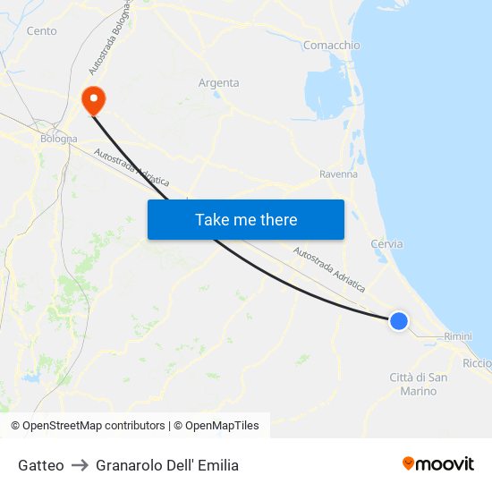 Gatteo to Granarolo Dell' Emilia map