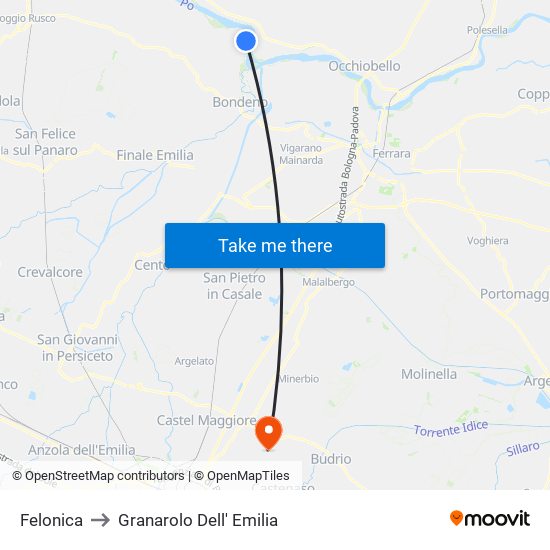 Felonica to Granarolo Dell' Emilia map