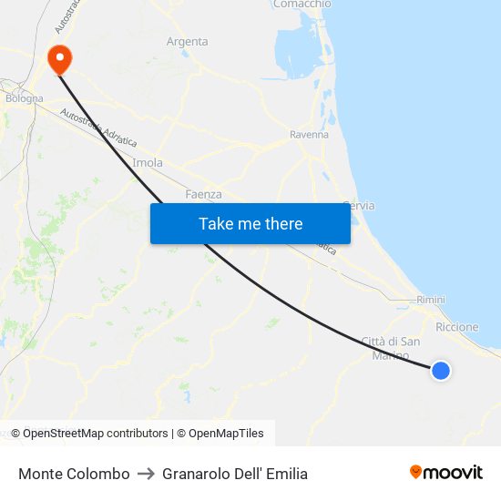 Monte Colombo to Granarolo Dell' Emilia map