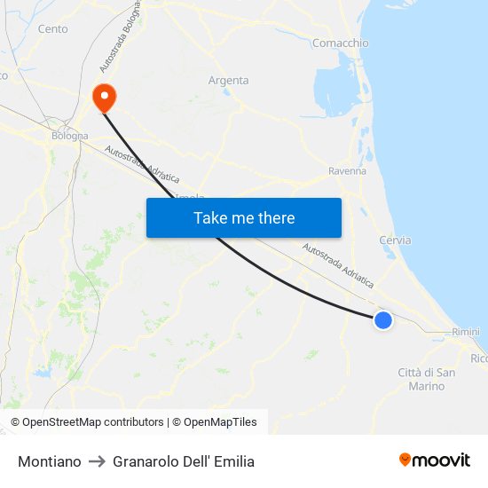 Montiano to Granarolo Dell' Emilia map