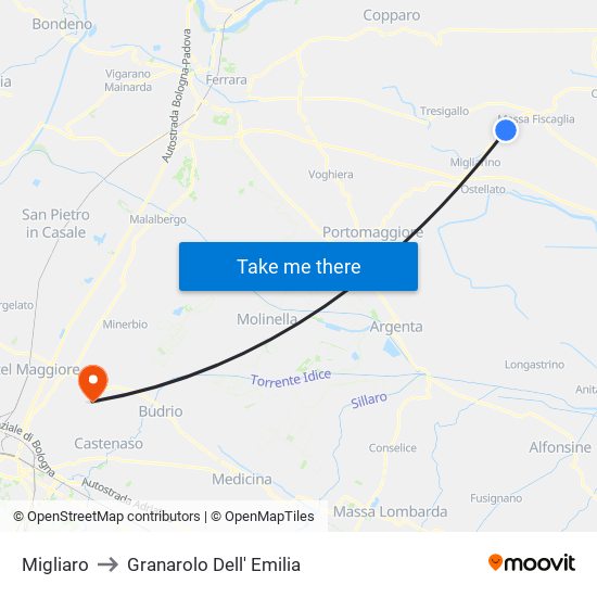 Migliaro to Granarolo Dell' Emilia map