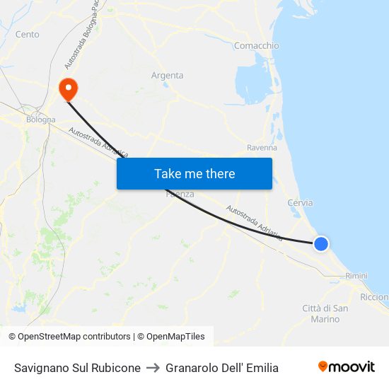 Savignano Sul Rubicone to Granarolo Dell' Emilia map