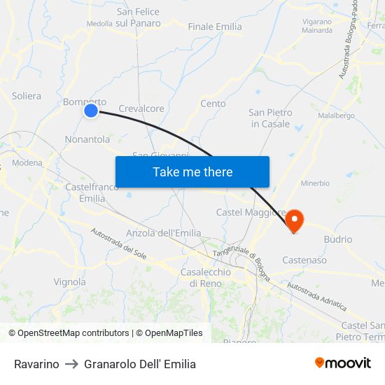 Ravarino to Granarolo Dell' Emilia map