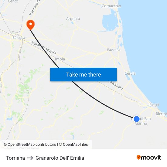 Torriana to Granarolo Dell' Emilia map