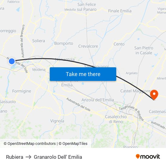 Rubiera to Granarolo Dell' Emilia map