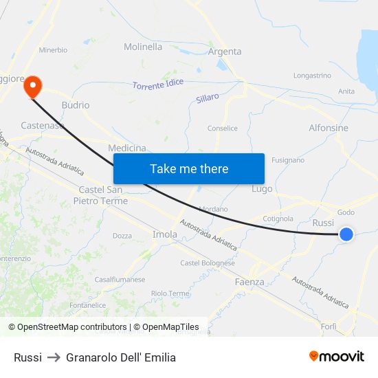 Russi to Granarolo Dell' Emilia map