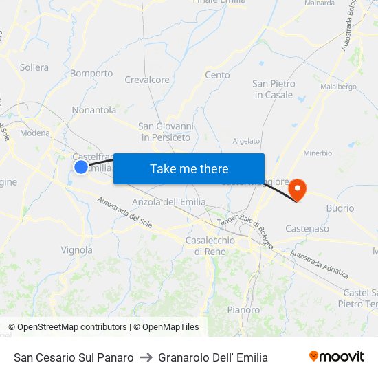 San Cesario Sul Panaro to Granarolo Dell' Emilia map