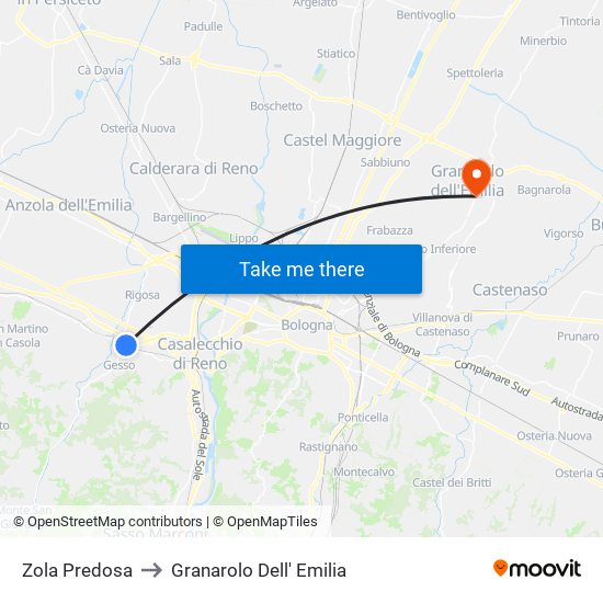 Zola Predosa to Granarolo Dell' Emilia map