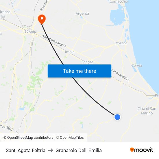 Sant' Agata Feltria to Granarolo Dell' Emilia map