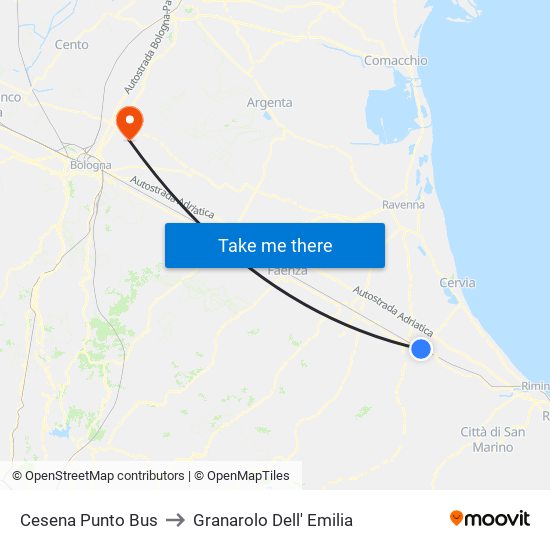 Cesena Punto Bus to Granarolo Dell' Emilia map