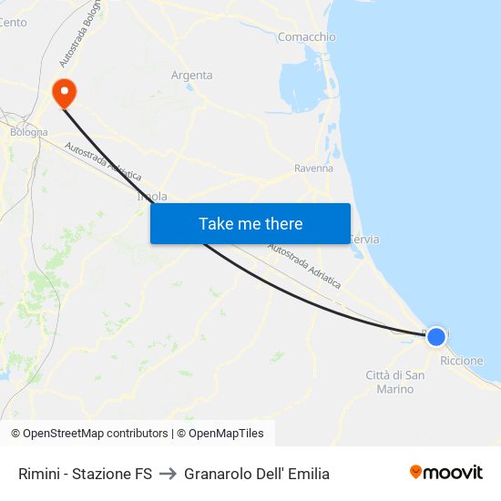 Rimini - Stazione FS to Granarolo Dell' Emilia map