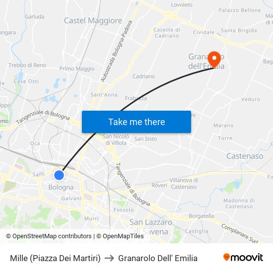 Mille (Piazza Dei Martiri) to Granarolo Dell' Emilia map