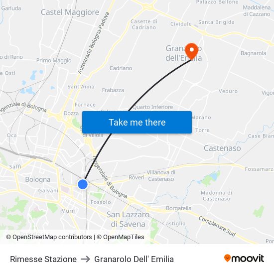 Rimesse Stazione to Granarolo Dell' Emilia map