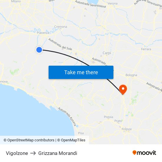 Vigolzone to Grizzana Morandi map