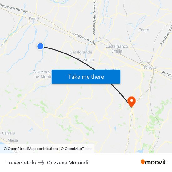 Traversetolo to Grizzana Morandi map