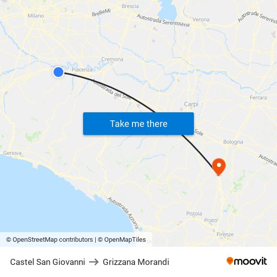 Castel San Giovanni to Grizzana Morandi map