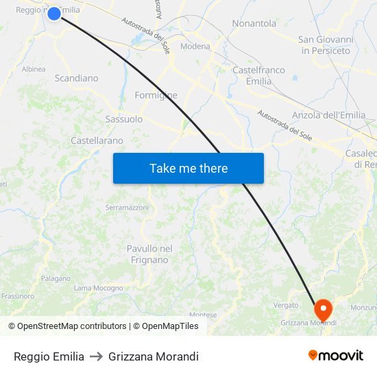 Reggio Emilia to Grizzana Morandi map