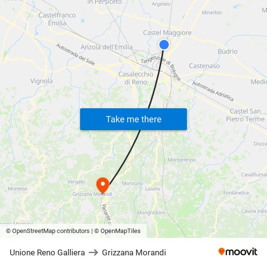Unione Reno Galliera to Grizzana Morandi map