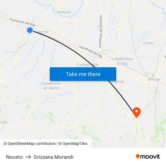 Noceto to Grizzana Morandi map