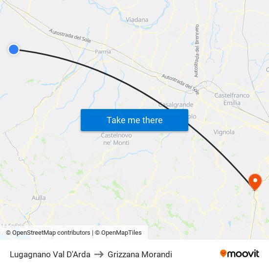 Lugagnano Val D'Arda to Grizzana Morandi map