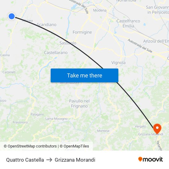 Quattro Castella to Grizzana Morandi map