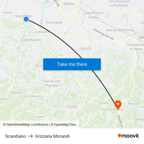 Scandiano to Grizzana Morandi map
