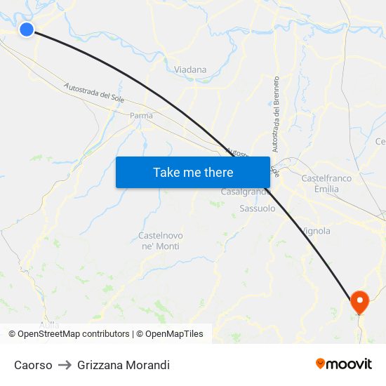 Caorso to Grizzana Morandi map