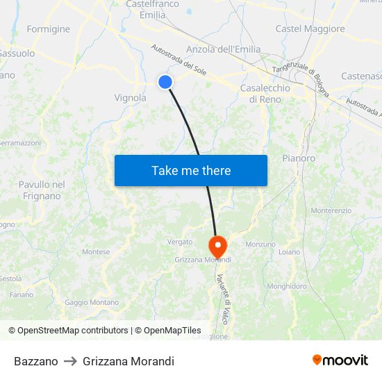 Bazzano to Grizzana Morandi map