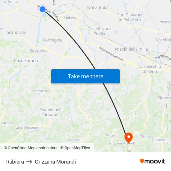 Rubiera to Grizzana Morandi map