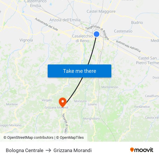 Bologna Centrale to Grizzana Morandi map