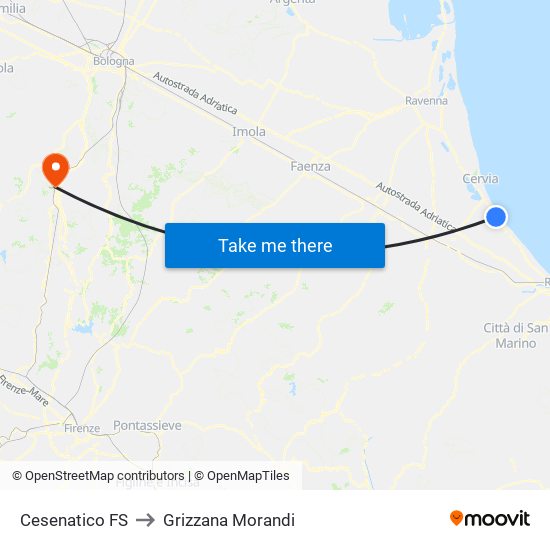 Cesenatico FS to Grizzana Morandi map