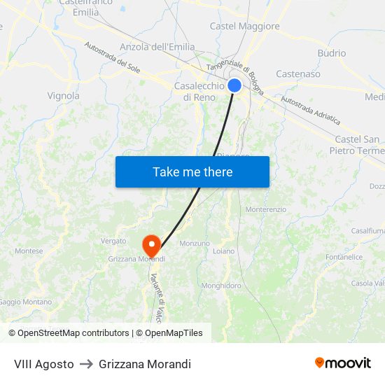 VIII Agosto to Grizzana Morandi map