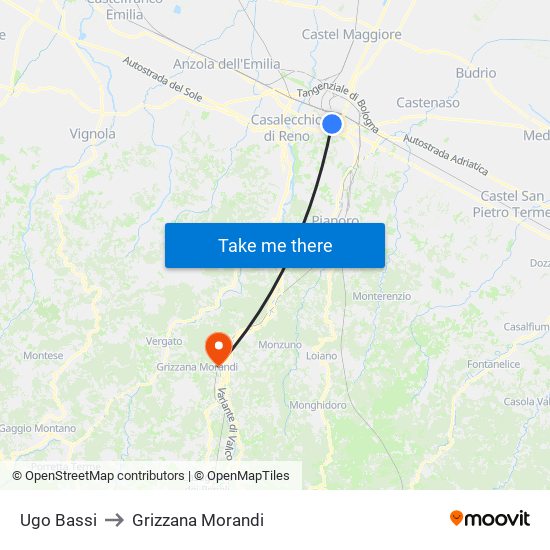 Ugo Bassi to Grizzana Morandi map