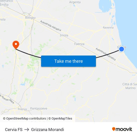 Cervia FS to Grizzana Morandi map