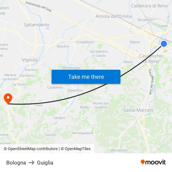Bologna to Guiglia map