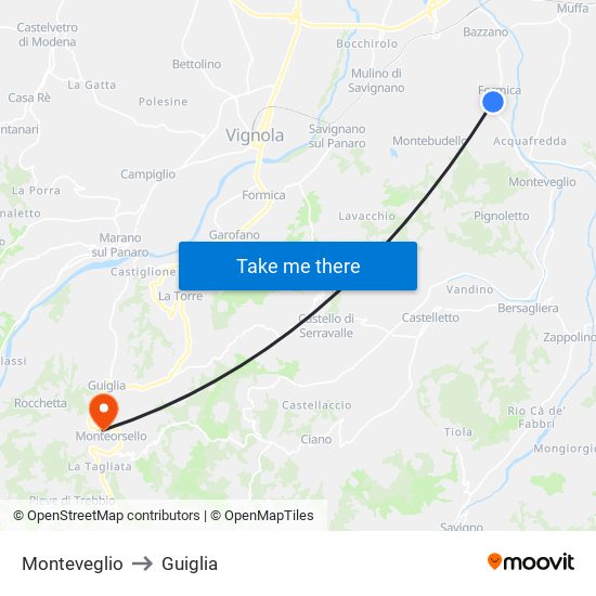 Monteveglio to Guiglia map