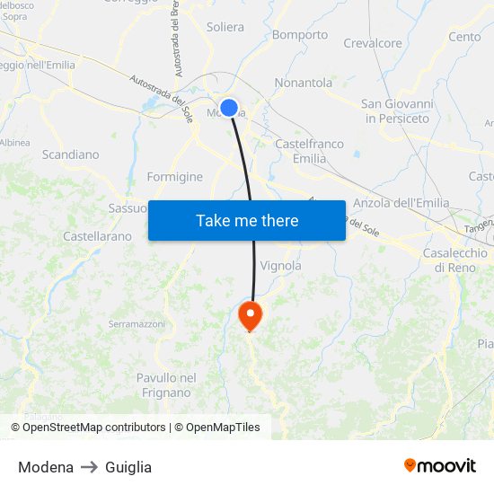 Modena to Guiglia map