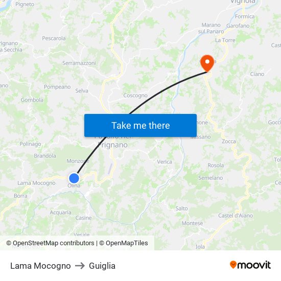 Lama Mocogno to Guiglia map