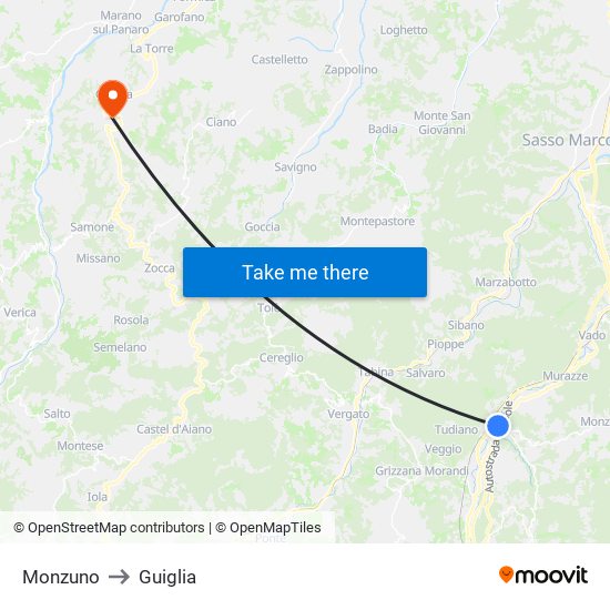 Monzuno to Guiglia map