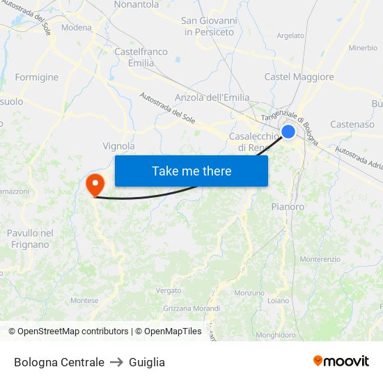 Bologna Centrale to Guiglia map