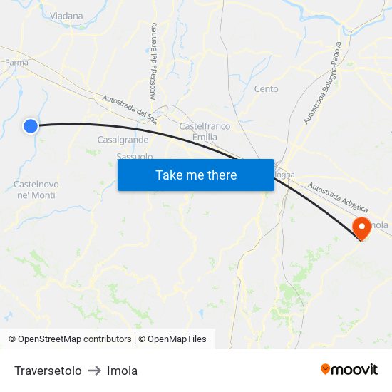 Traversetolo to Imola map